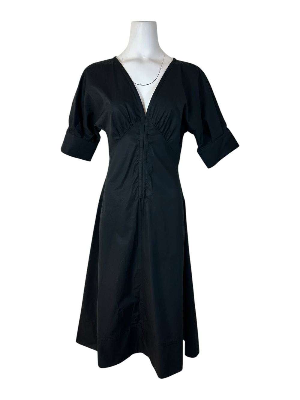 Judith & Charles Black Cotton Poplin Midi Dress V-Neck Ruched Cuffed Sleeve Sz 6